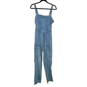 Free People Go West Denim Jumpsuit in Mirage Blue Cargo Denim Boho Size XS